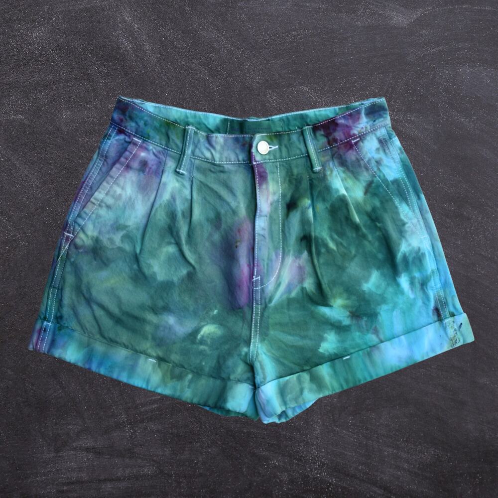 Ice Dyed Denim Shorts - High-rise Pleated - Upcycled - Jade Purple (Women's 27)